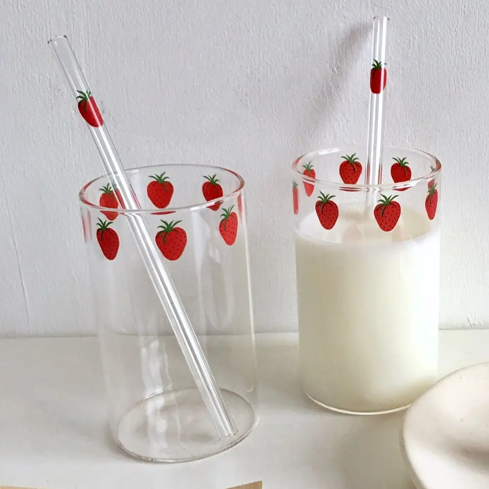 

300ml Strawberry Cute Glass Cup with Straw Creative Transparent Water Cup Student Milk Heat Resistant Glass Cup Nana with Straw