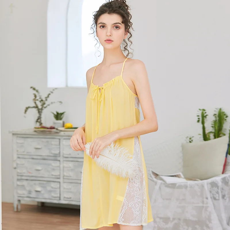 Roseheart Yellow Women Homewear Cotton Sexy Sleepwear Nightdress Lace Nightwear Homewear Night Gown Dress Backless Nightgown