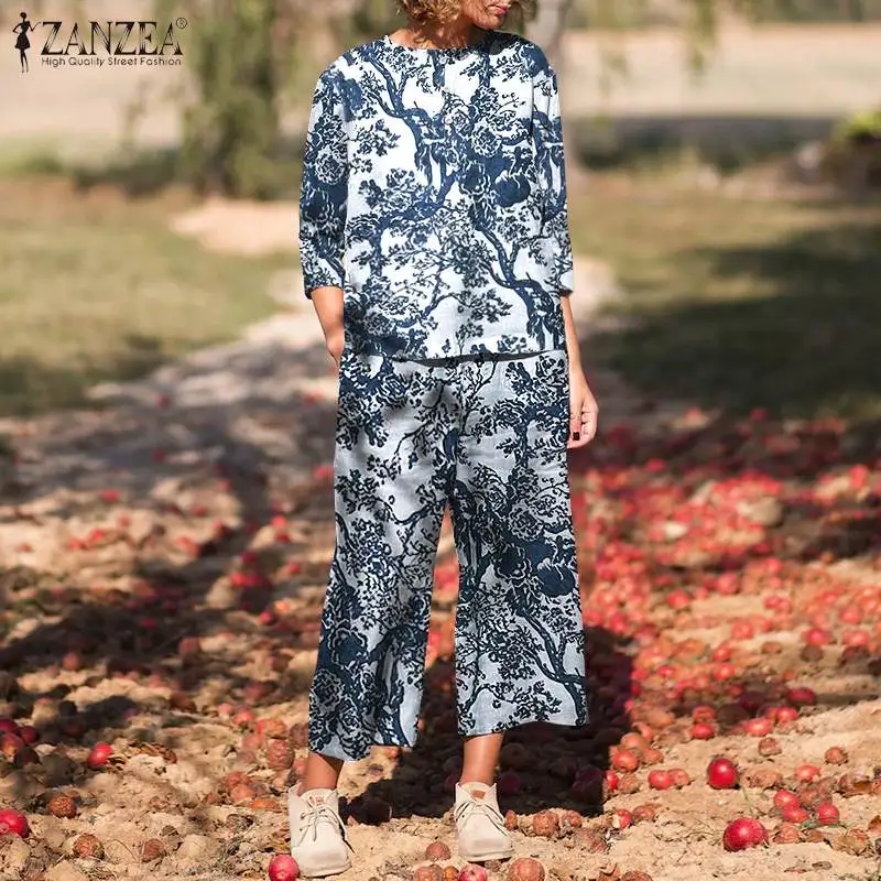 

Women Casual Printed Sets ZANZEA 2022 kaftan Long Sleeve Blouses and Loose Pants Female Floral Tops Elastic Waist Trousers 2PCS