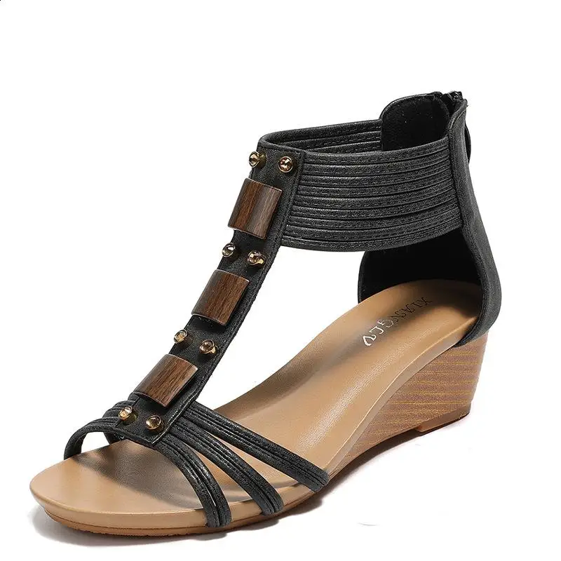 Богемные сандалии в стиле ретро для женщин босоножки бежевого цвета на танкетке