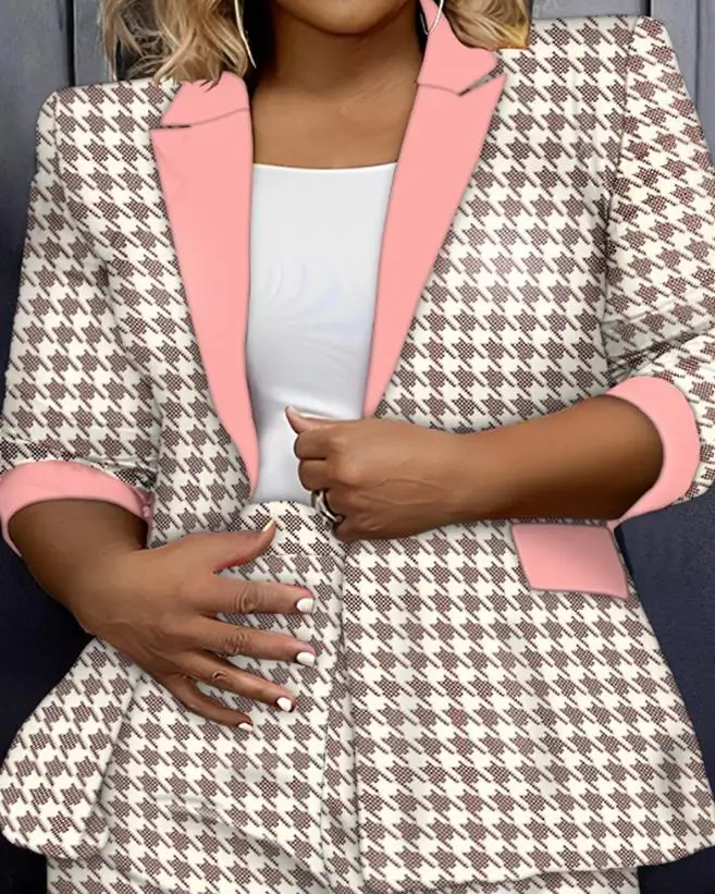 Women's Blazer Sets Summer 2023 Lady Office Suit Houndstooth Print Colorblock Lapel Blazer Coat & Shorts Set Women's Formal Suit