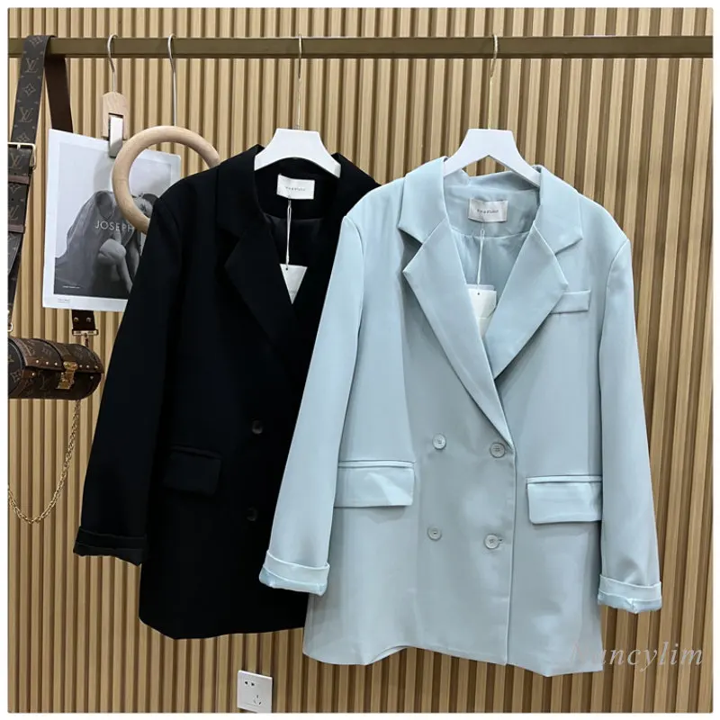 

2023 Spring Suit Coat for Women New European Style Simple Solid Color Double Breasted Back Slit Blue Blazer Younger Lady Top