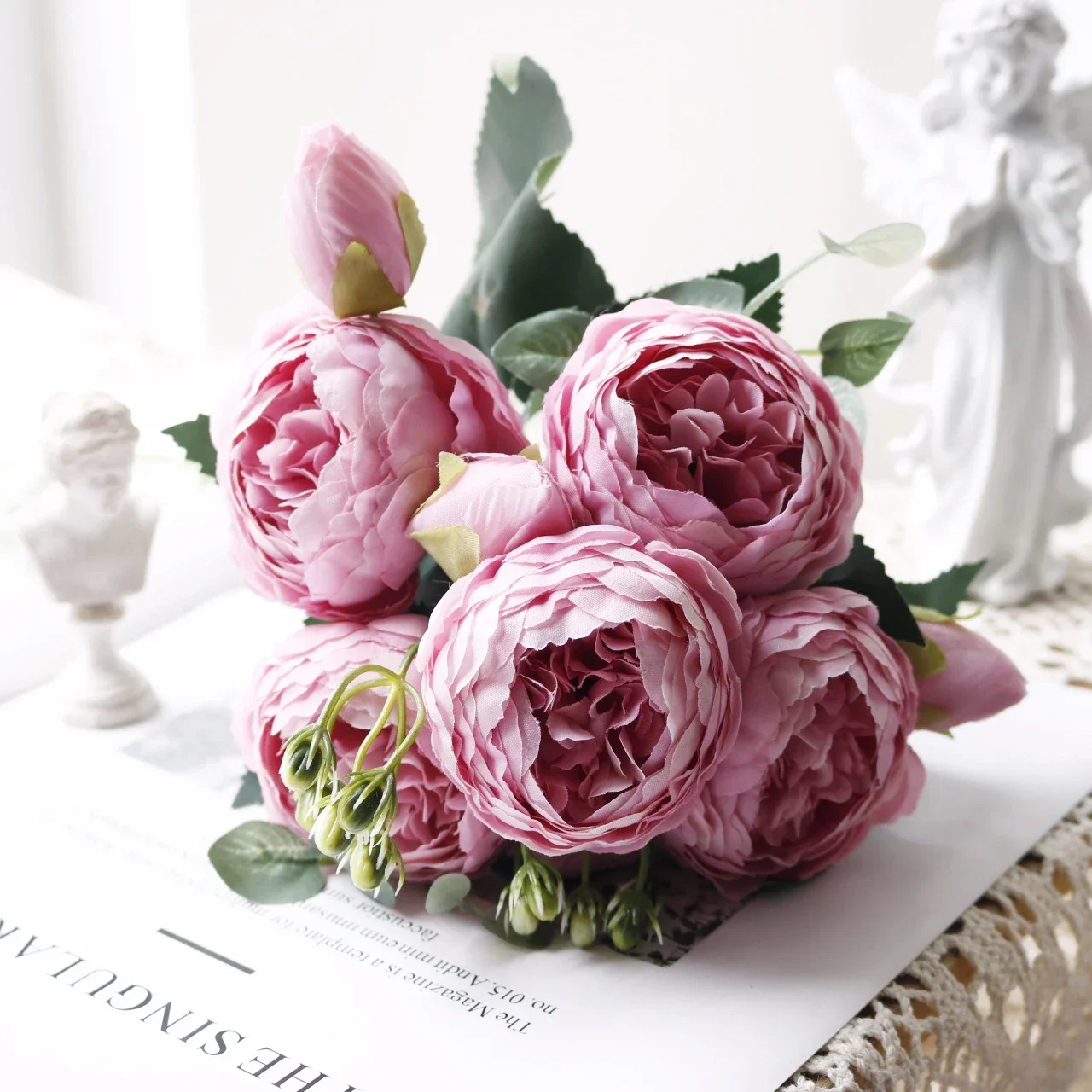 

Искусственные розы и пионы, белые, шелковые, букет