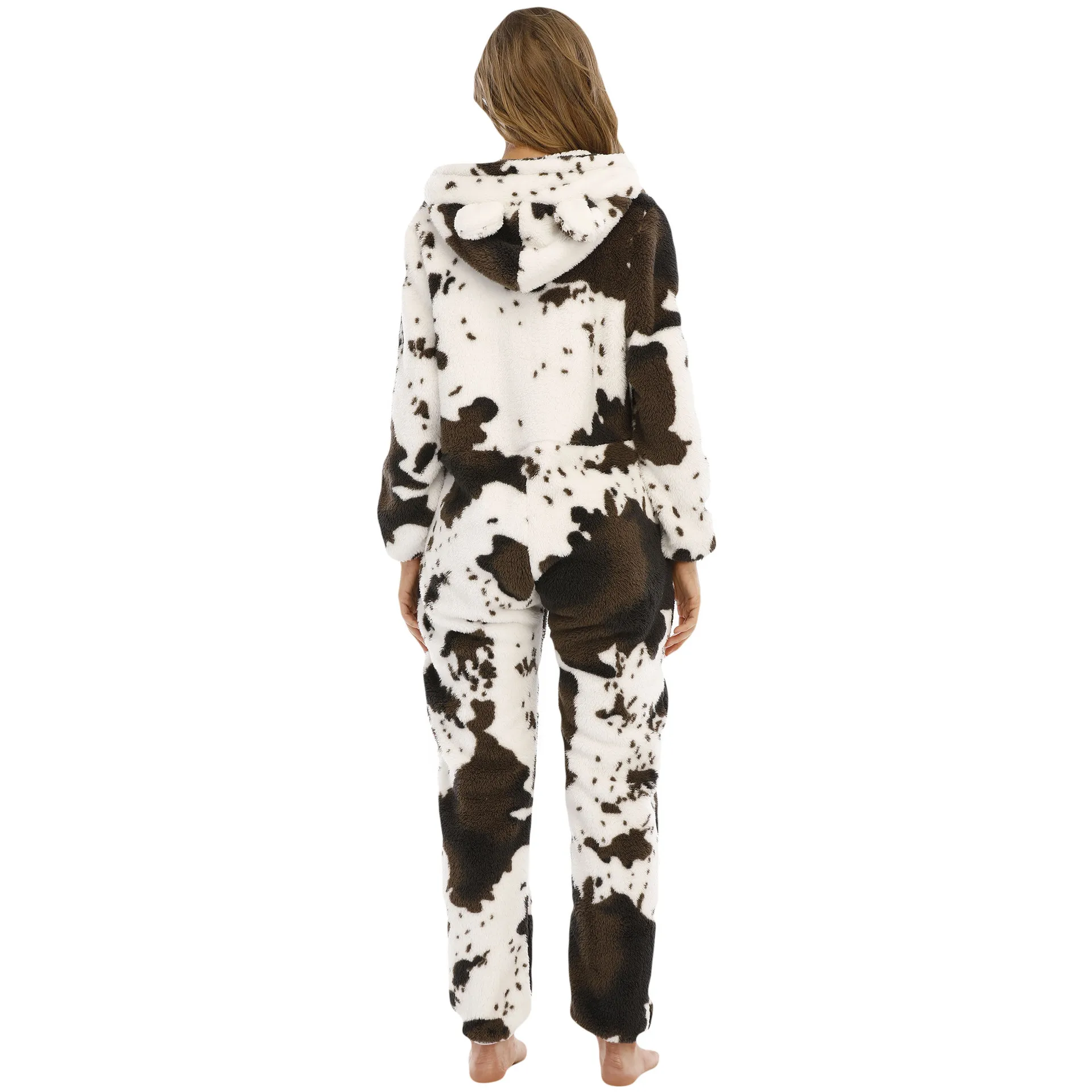 Onezie for Women Pajamas Cow Tie Dye Thickened Zipper Fleece Ear One Piece Homewear Onesie Pajama Woman Sleepwear Jumpsuits