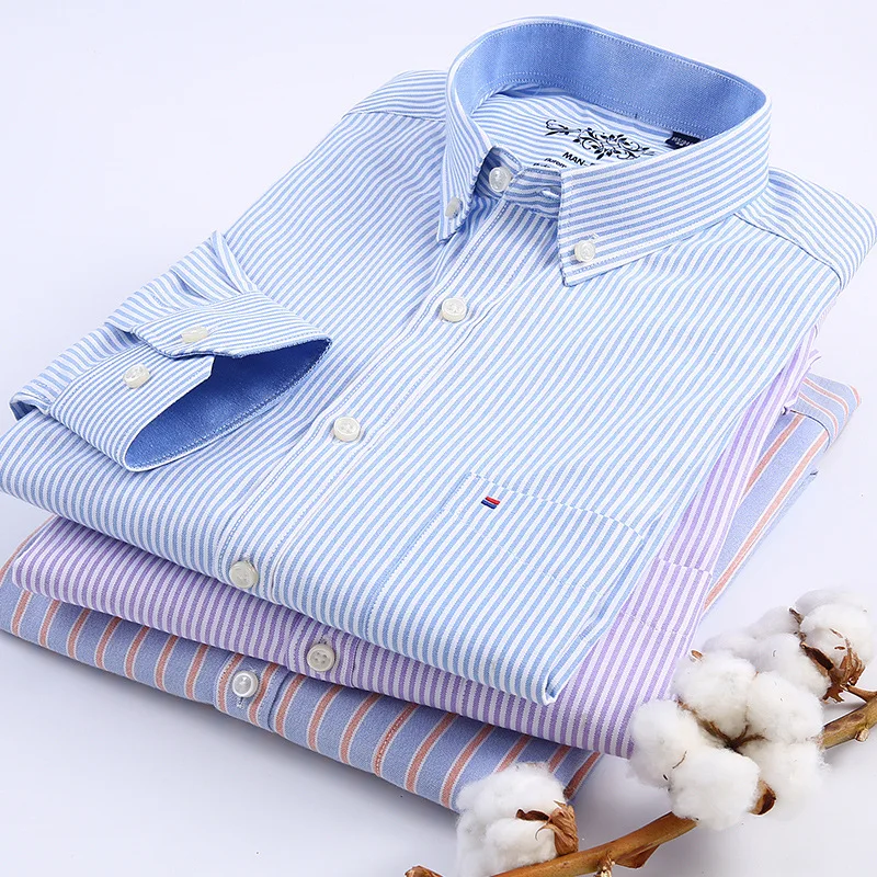 New Four Seasons Men's Long Sleeve Shirt Striped Plaid Oxford Spinning Casual Shirt Men's Slim Cotton Solid Color Bottoming Shir