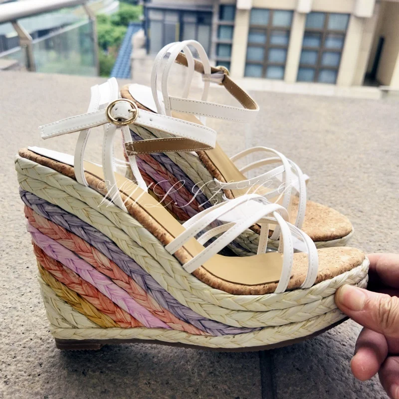 Women Elegant Rainbow Wedge Espadarille Open Slingback Platform Buckle Sandals Cross Design Mixed Colors Cute Sweet Dress Shoes