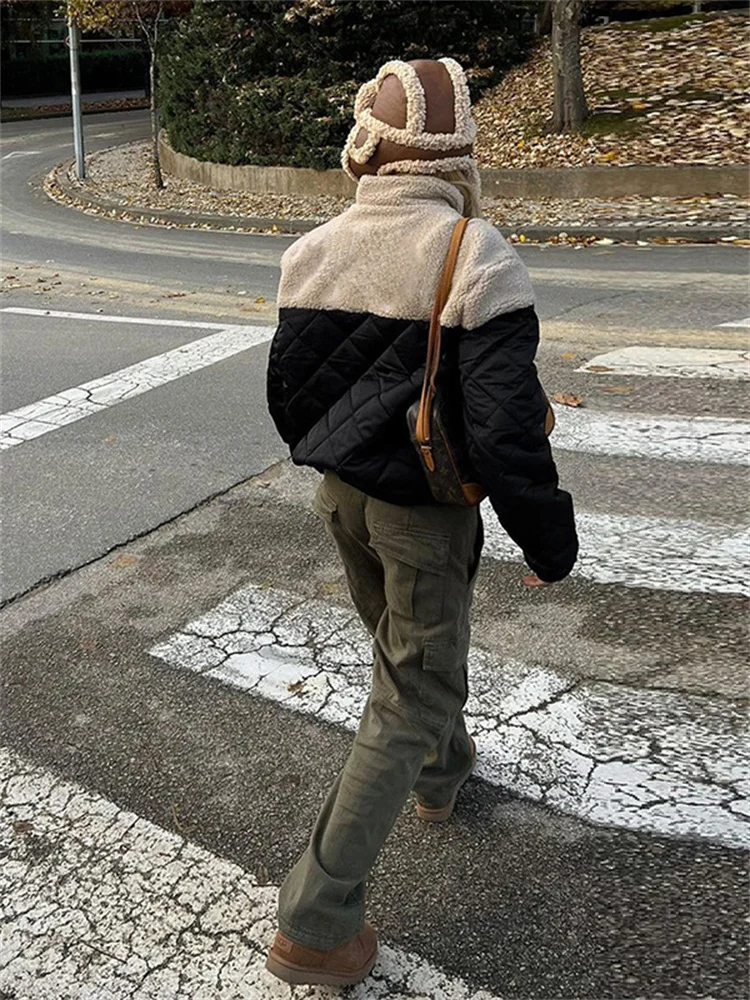 Fashion Patchwoek Keep Warm Puffer Jacket Winter Outfits Women Long Sleeve Zipper Top Bubble Black Casual Street Coat Wholesale