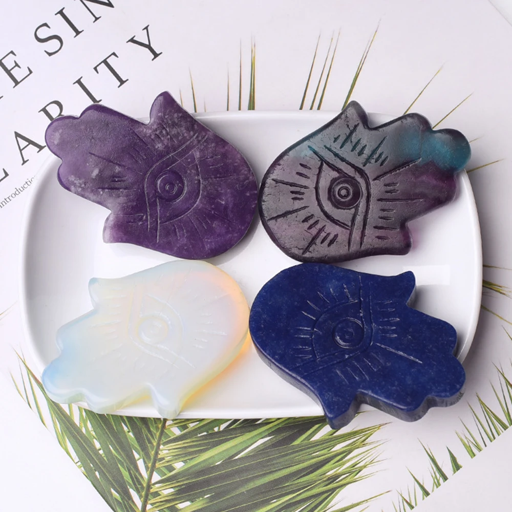 

Mineraali Hand Eye Sculpture Natural Purple Mica Fluorites Sodalite Reiki Quartz Statue Ornament Spiritual Home Protection Stone