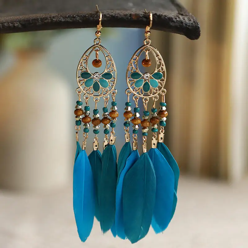 

Bohemian Ethnic Colorful Feather Dangle Earrings for Women Dreamcatcher Leaves Beads Tassel Earrings Retro Indian Jewelry Gift