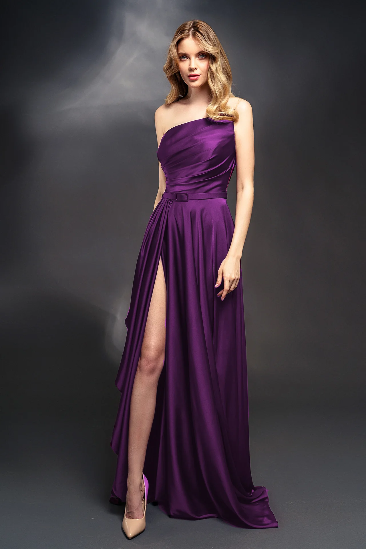 Women Elegant Satin Formal Dress Sexy One Shoulder Sleeveless Prom Party Evening Gowns Fashion High Split Bridesmaid Dresses