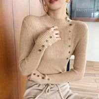 buttons half a turtleneck knitted pullover sweater women 2022 autumn simple long sleeve sweater solid color slim women top