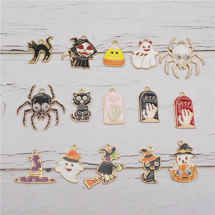 

Julie Wang 15PCS Enamel Cartoon Halloween Charms Alloy Ghost Death Cat Spider Witch Tombstone Pendant Jewelry Making Accessory