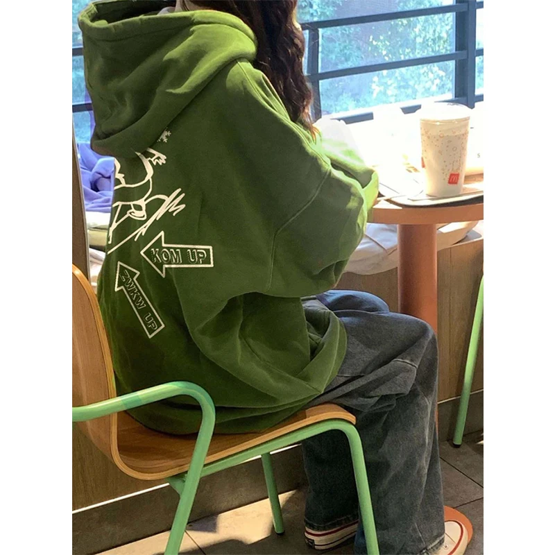 

Loose Vintage Letter Print Oversized Hooded Sudadera Y2k Preppy Style Fleece Sweatshirt Women American High Street Tops Fashion