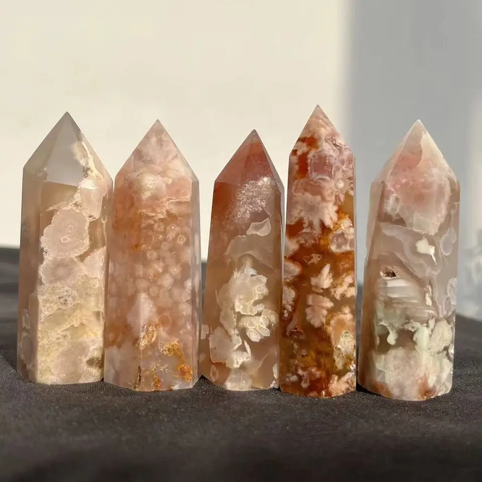 

50-70mm Natural cherry blossom agate Crystal Hexagon Wand Single Point cherry blossom Healing Stone Tower For Decoration