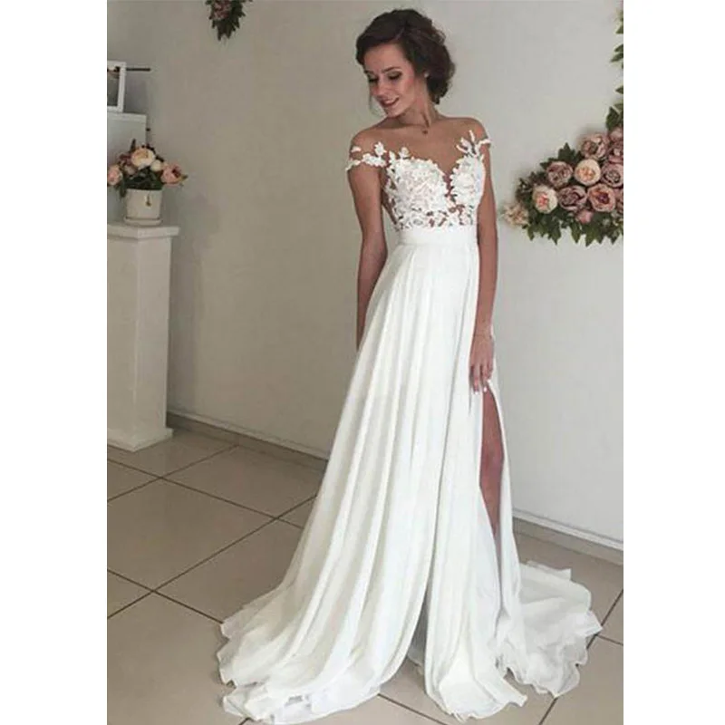 

Chiffon Lace Applique Wedding Dress Bohemian Style And Floor Skirt With Hollow V-neck Upper Body And Back Sleeveless Design