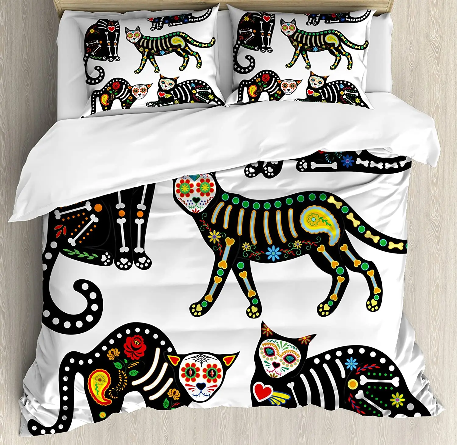 

Sugar Skull Duvet Cover Set, Calavera Inspired Ornate Black Cats Mexican Style Holiday The Day of The Dead,3 Pcs Bedding Set