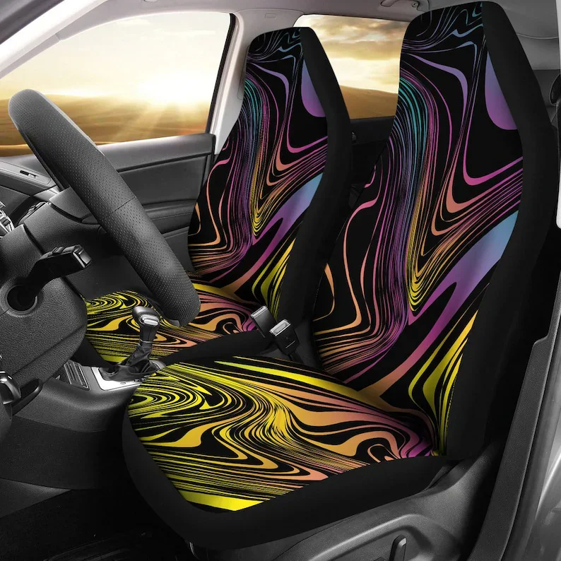 

Colorful Swirls Black Abstract Art Car Seat Covers Pair, 2 Front Seat Covers, Car Seat Protector, Car Accessories