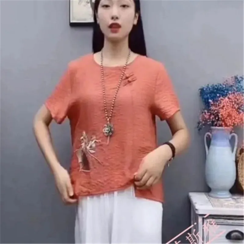 

2022 European and American women's summer fashion retro round neck short-sleeved T-shirt 2873