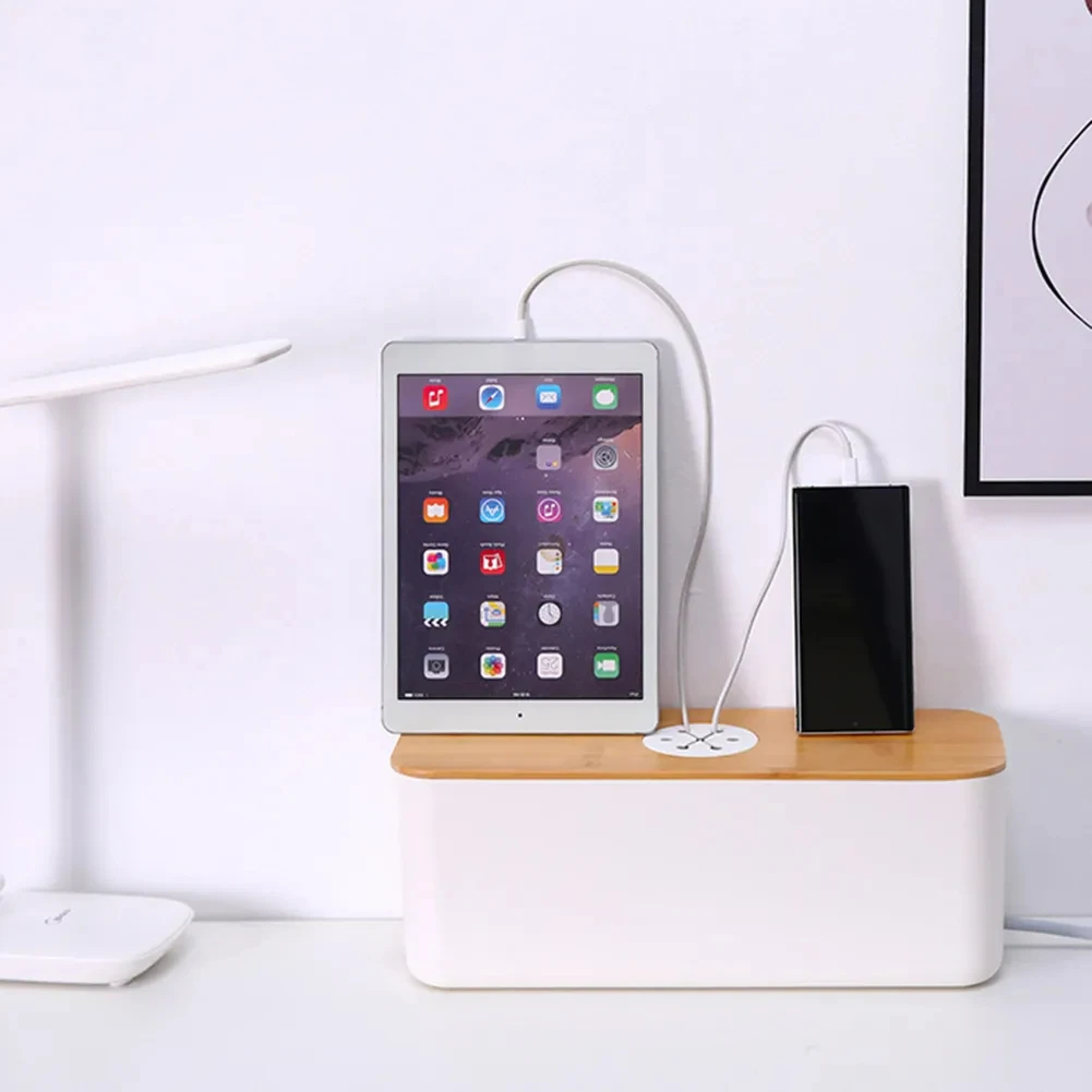 

Wooden Dustproof Power Cord Organizer Box Hides Power Strip Surge Protector Safe Organizer Cable Storage Box
