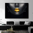 Картина на холсте с изображением Африканской женщины, губ, постеры и принты с золотой капелькой на губах, Настенная картина для гостиной, домашний декор без рамки