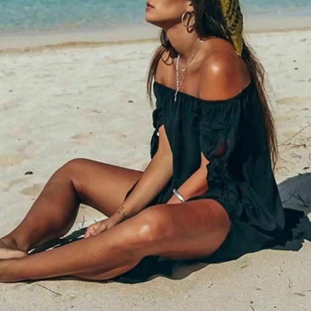 

Chic Bikini Dress Pullover Cool Mid-calf Length Swimwear Dress Side Split Beachwear Dress for Beach