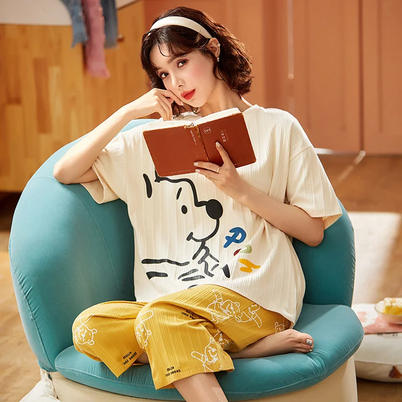 pajamas women's new summer cotton short sleeved pants are sweet and lovely. large clothes suit can be worn outside