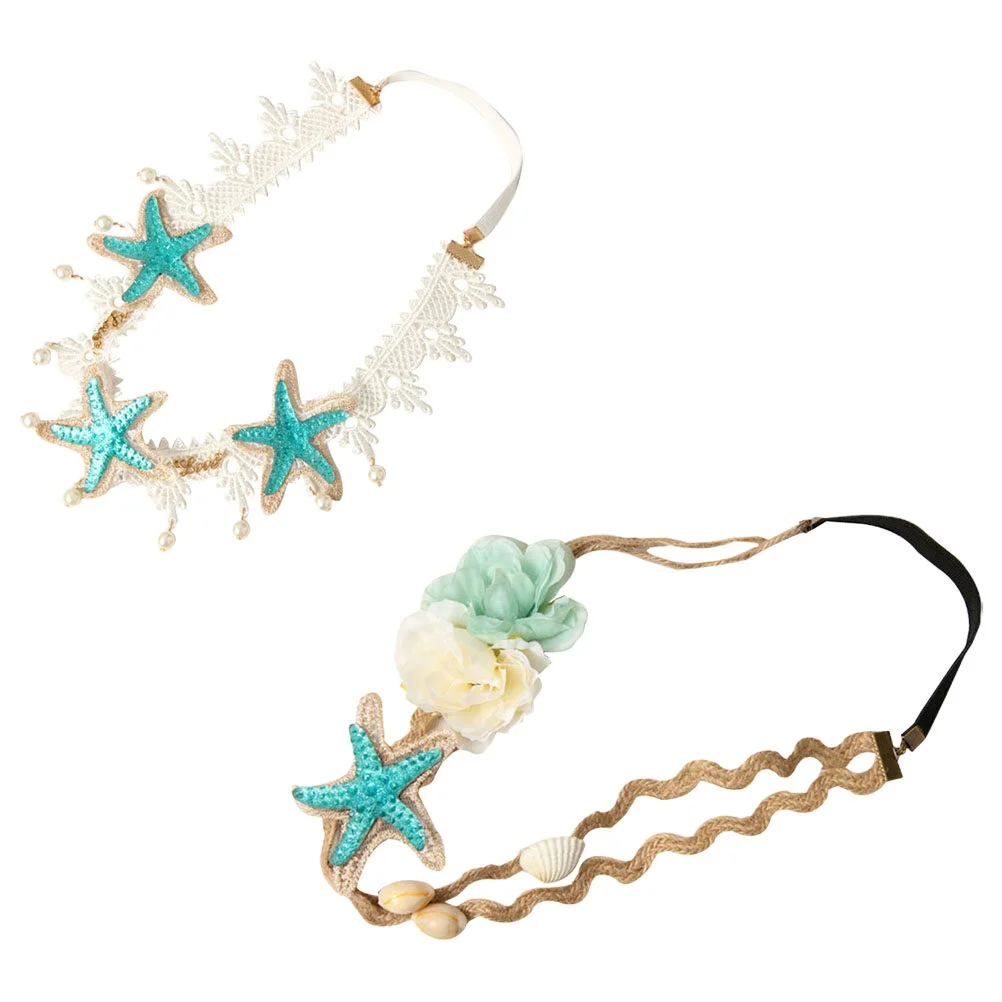 

2 Pcs Starfish Headband Hair Beach Style Wedding Headpiece Bride Mermaid Seashell Women Headdress Gold Thread Lace Boho Set