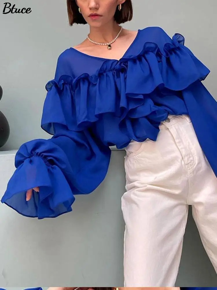 

Chiffon Cascading Ruffled Klein Blue Shirt 2022 Elegant V-Neck Lantern Sleeve Thin Chic Trend Blouse Spring Casual FemaleTops