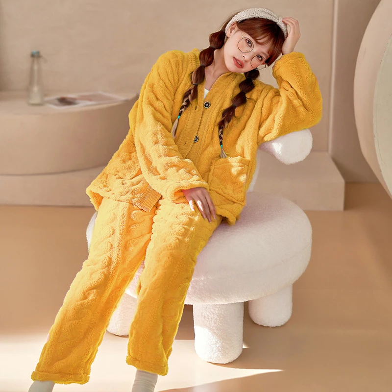 Women's Pajamas Autumn and Winter Thickened Cardigan V-Neck Cut Flower Simple Comfortable Warm Home Clothes Set