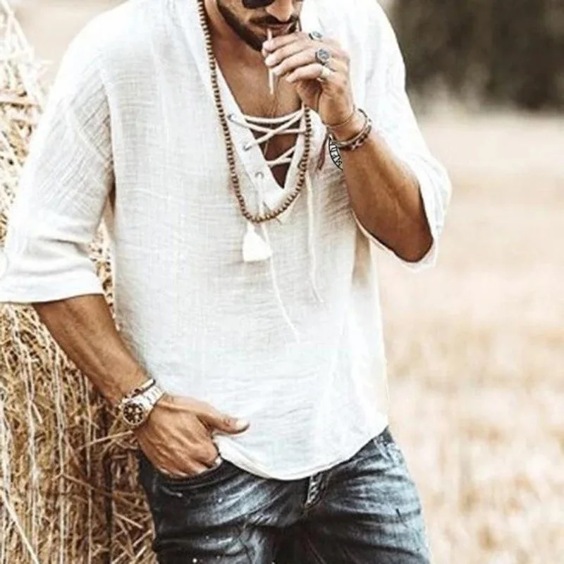 

Мужская Повседневная футболка, белая однотонная футболка с V-образным вырезом, рукавом средней длины и поясом на груди, весна-лето