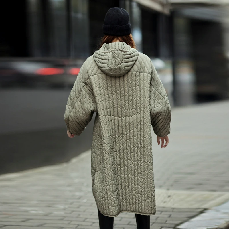 Ultra Light 2023 Winter Hooded Down jacket Oversized Parkas Autumn Pocket Lantern sleeve Puffer coat Long Outwear INKEO 2O202