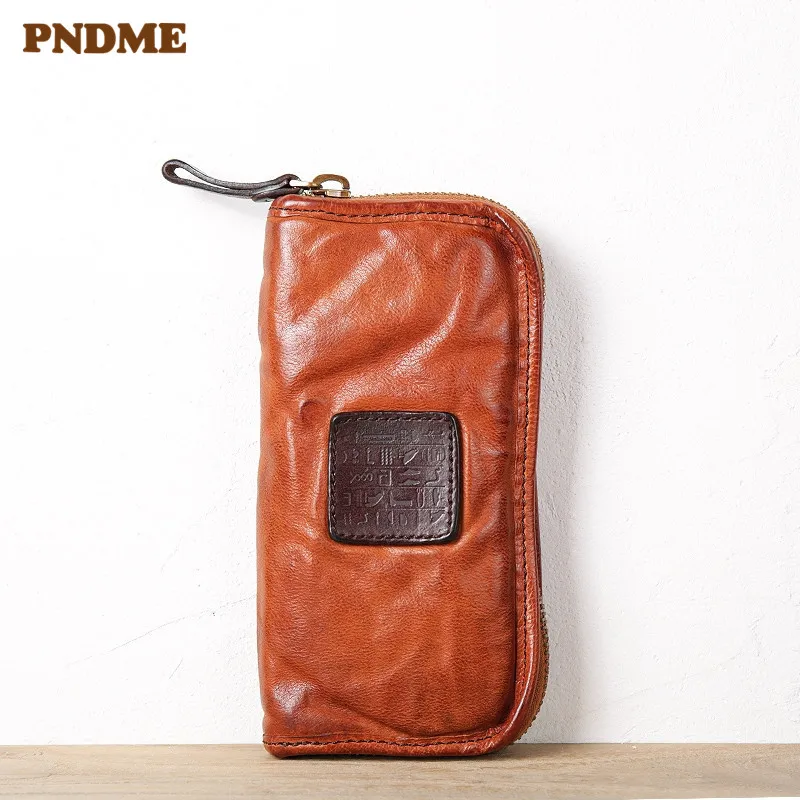 Fashion vintage genuine leather men's clutch wallet casual designer luxury real cowhide teens women's long zipper phone purse
