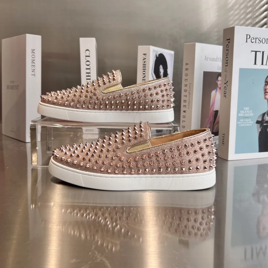 

Top Quality Red Sole Womens Trendy Casual Shoes 35-48 Luxury Mens Real Leather Sneakers Designr Couple Rock Tide Shoes HJ0799