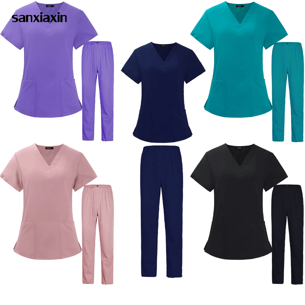 

Nurse Uniforms Women Medical Nursing Clothes Short Sleeve V-neck Tops Thin Soft Doctor Working Clothes Pocket Blouse Scrubs Set