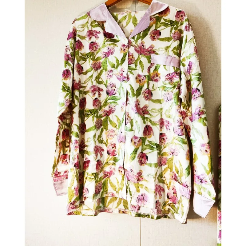 Purple kawaii Pajamas For Women Rayon Pajama Pants Sexy Tulip Flower Nighty Clothes T-Shirt Long Pants  Homewear Cozy Big Size