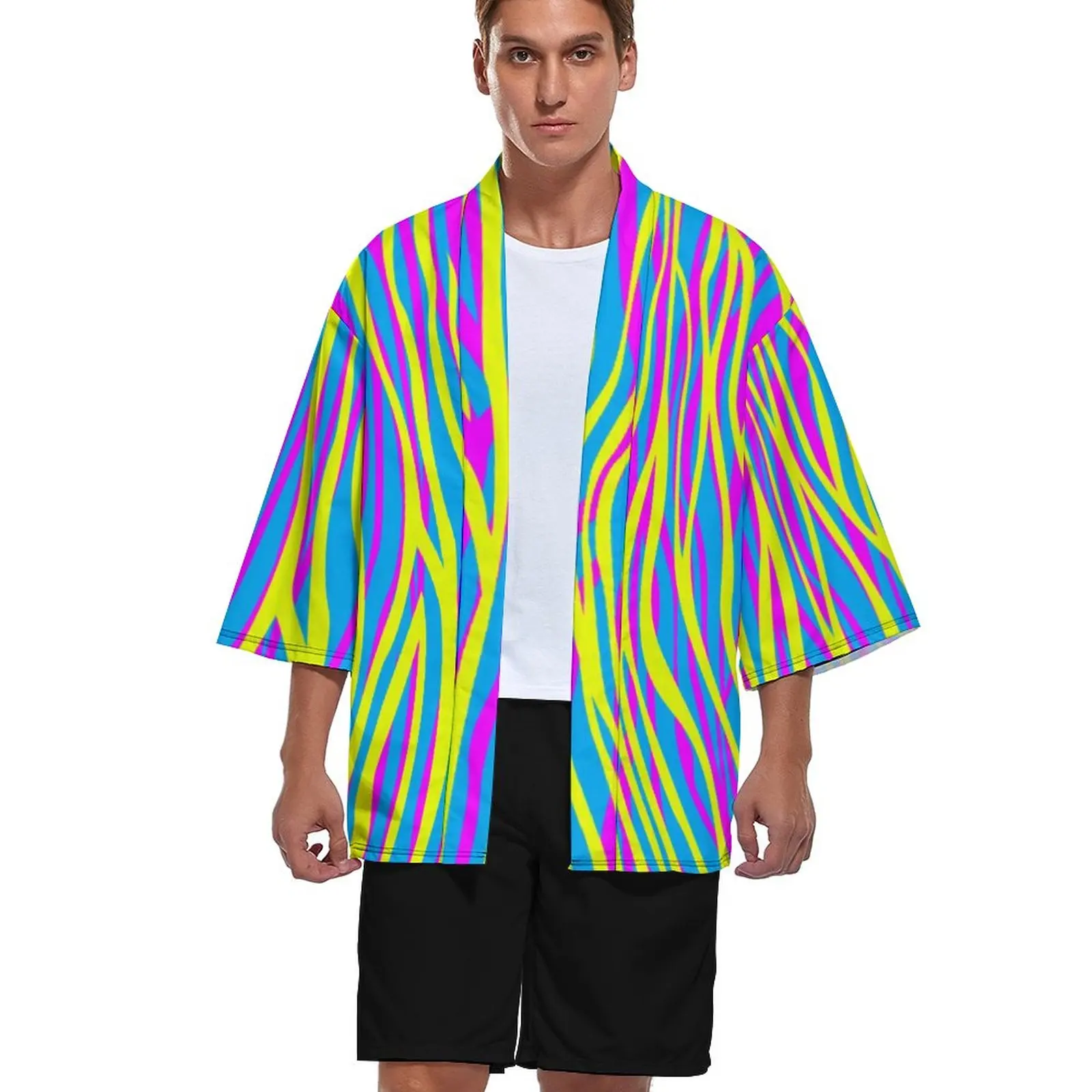 

Цветное кимоно в полоску с зеброй, кардиган, забавный повседневный мужской кардиган с животным принтом, рубашки с японским принтом