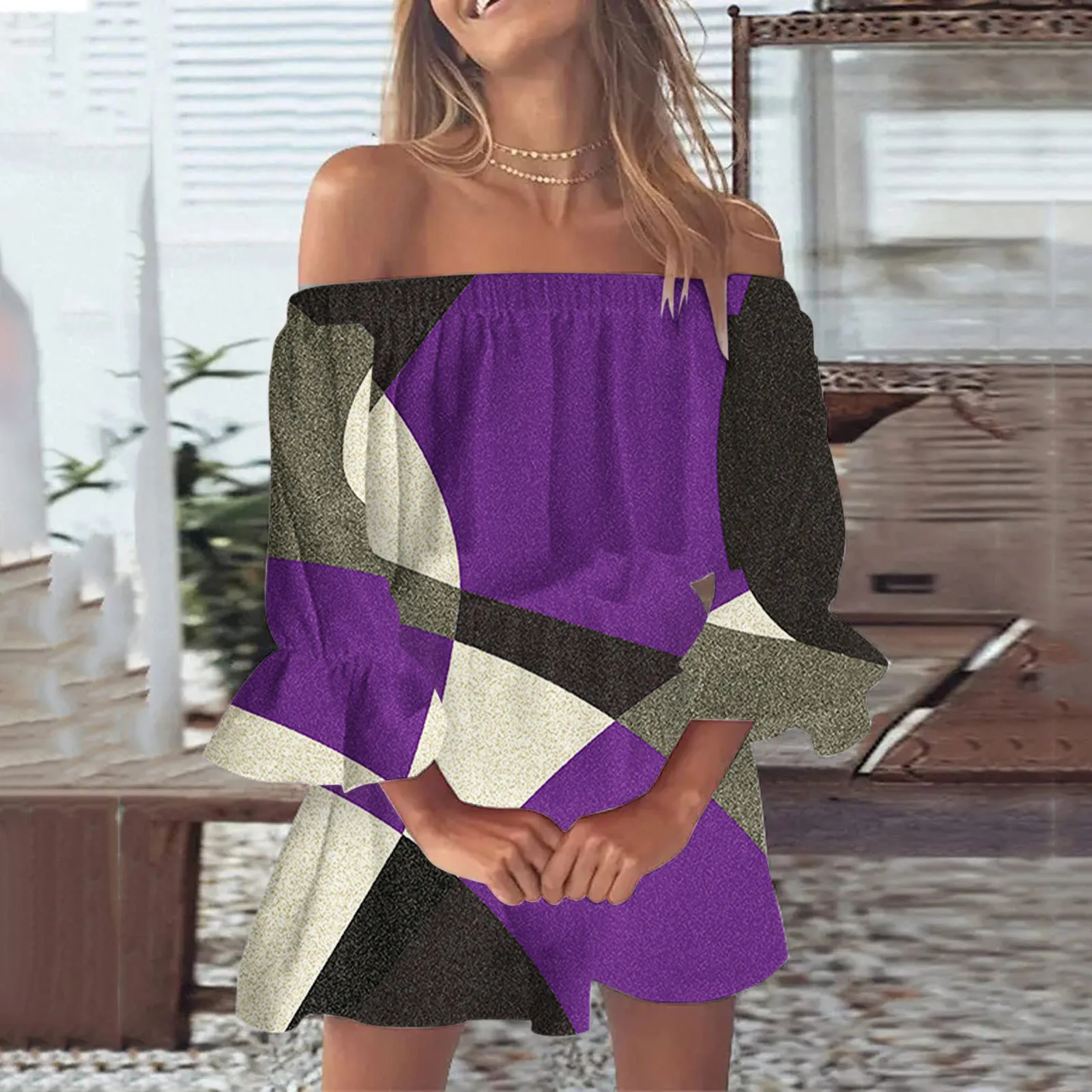 

Женский Повседневный Сарафан с открытыми плечами, свободное платье в стиле бохо с цветочным принтом, блузка с рукавом-колоколом, мини-плать...