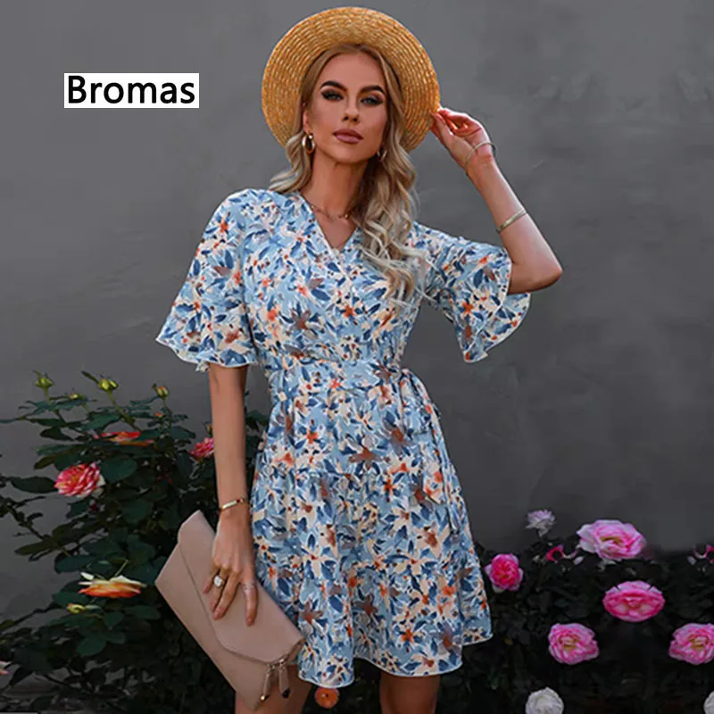 

Женское Повседневное платье-трапеция, элегантное свободное платье с принтом, V-образным вырезом и коротким рукавом, лето 2022