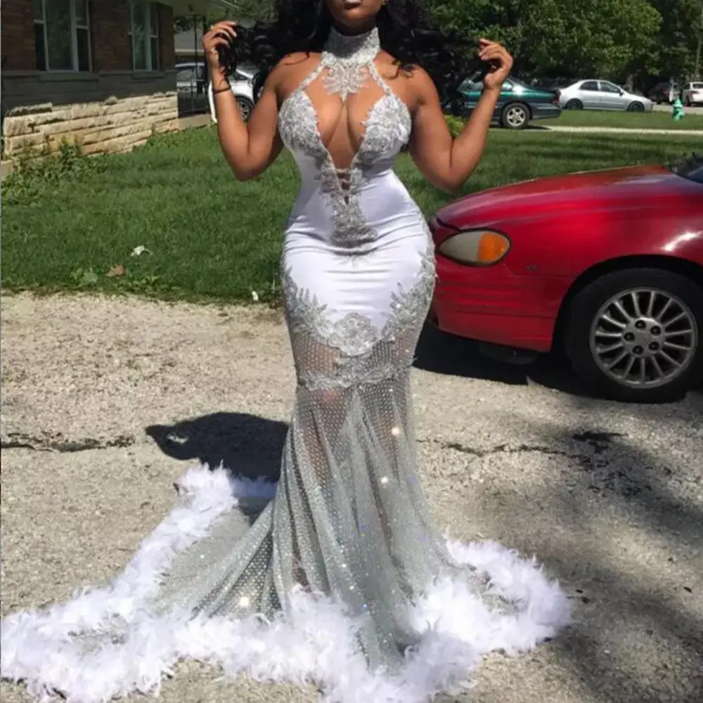 

South African Prom Dresses Lace Appliques Backless Evening Gowns Tulle Sweep Train Feather Mermaid Women Formal Wear