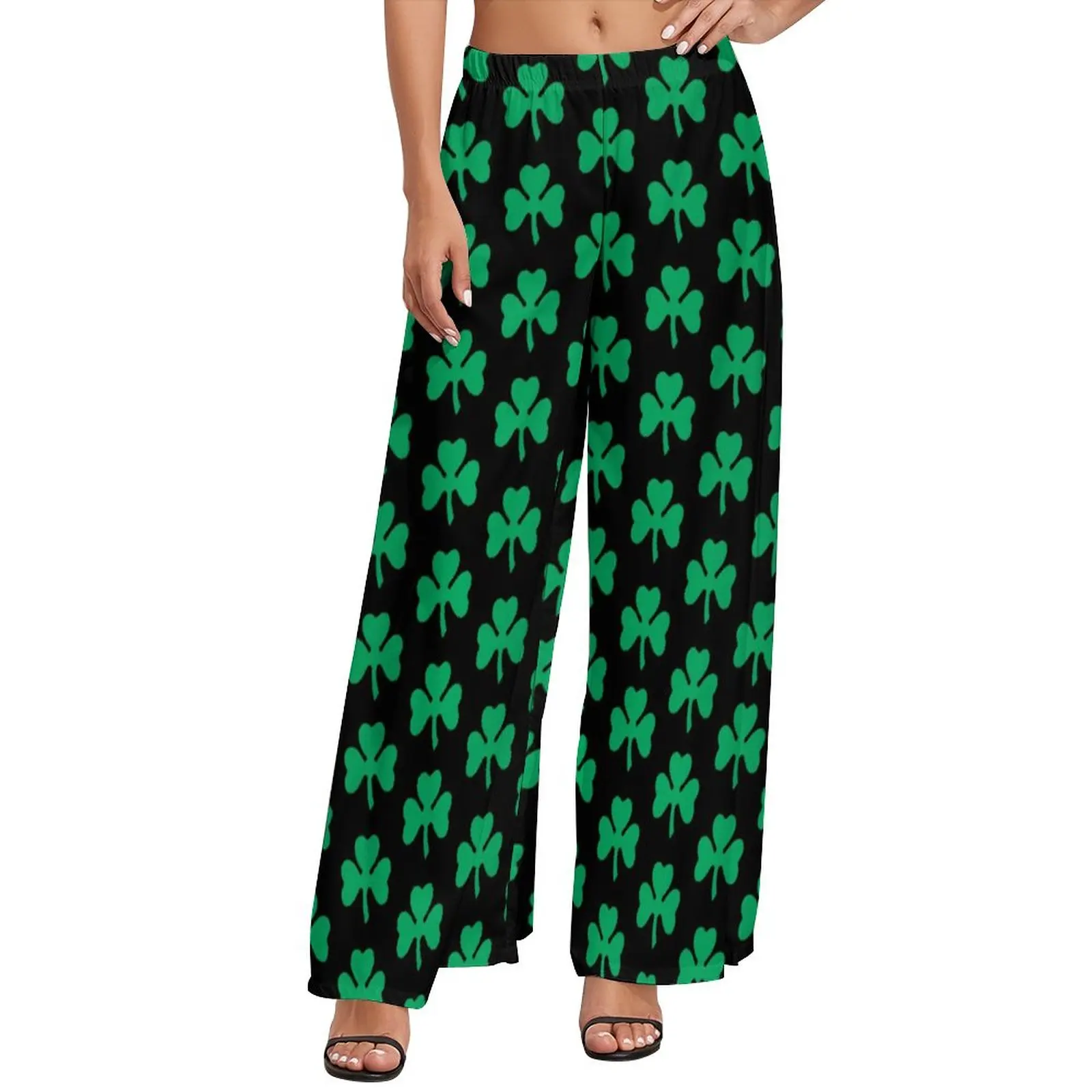 

Shamrock Print Pants Green Leaves Print Street Fashion Straight Wide Leg Pants Elastic Waist Office Trousers Large Size