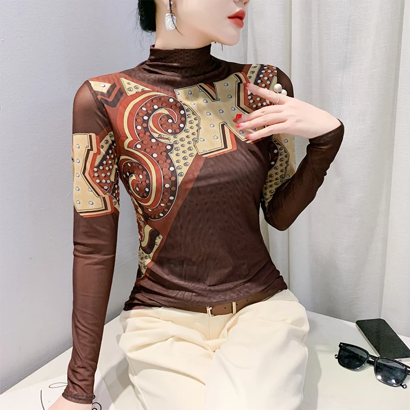 # 7441 сетчатая футболка с длинным рукавом принтом женская в корейском стиле узкая