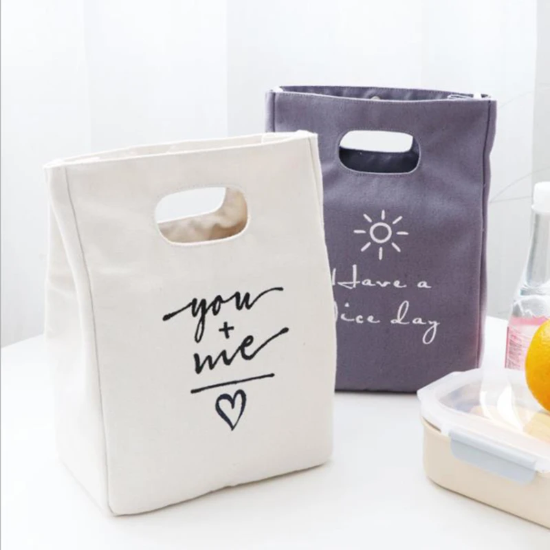 

Cotton Canvas Lunch Box Insulation Bag Picnic Bag Simple Letter Type Large Capacity Multi-Purpose Cloth Bag Foods Organizer