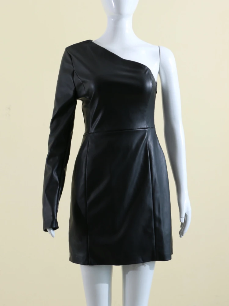 

Black Dress 2023 Sexy Inclined Shoulder High Waist Synthetic Leather Skirt Club Party Birthday Dresses Fashion Clothes for Women