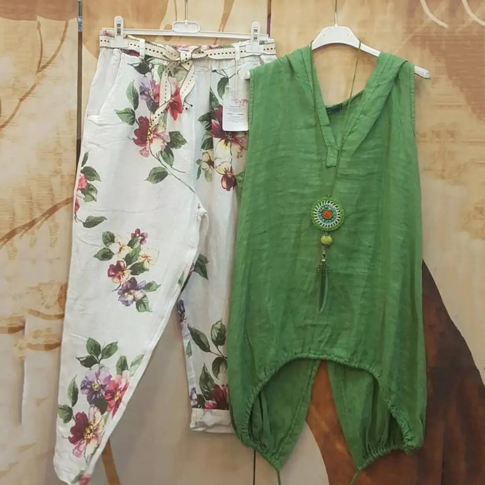 

2Pcs/Set Women Tops Pants Set Solid Color Top Deep V Neck Casual Sleeveless Floral Pattern Fashion Women Blouse Trousers Set
