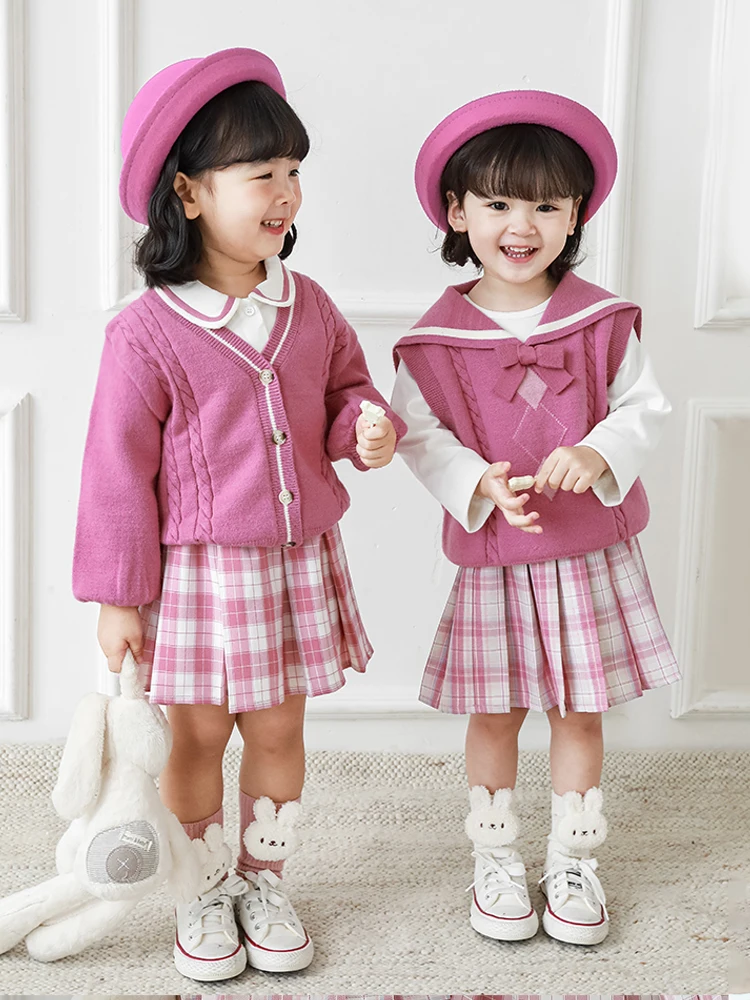 

Осенний кардиган для девочек, пальто, милый вязаный жилет с матросским воротником и бантом, простая детская рубашка