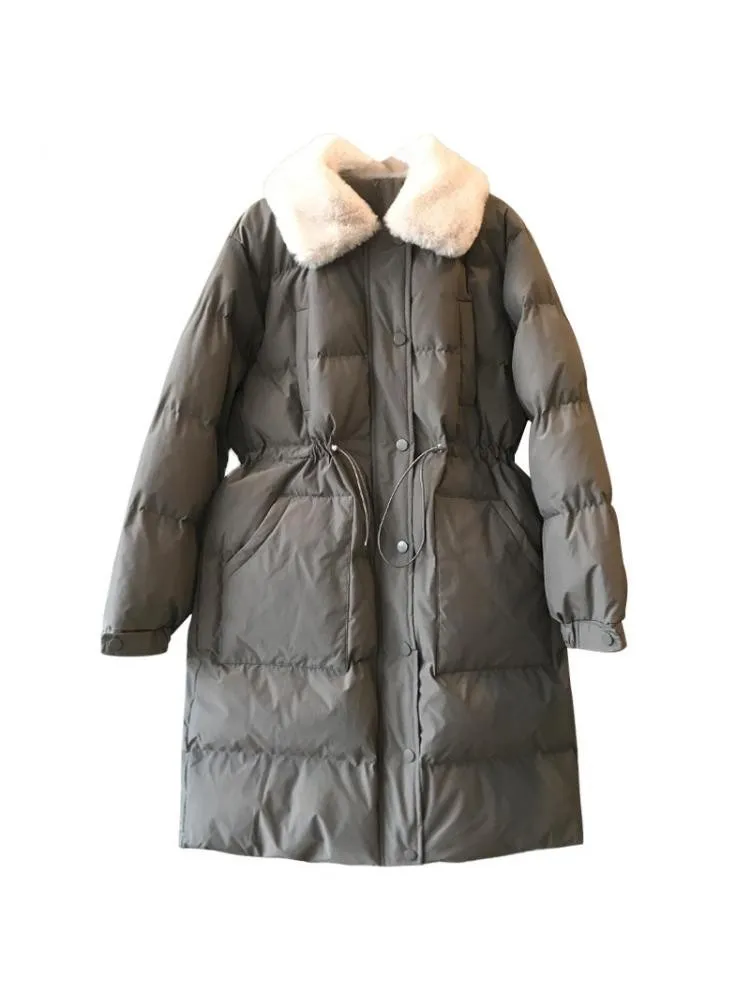 2022 Winter Sustans-Padded Thick Black Long Parkas Jackets Women Imitation Rabbit Fur Collar Loose Warm Bread Coats