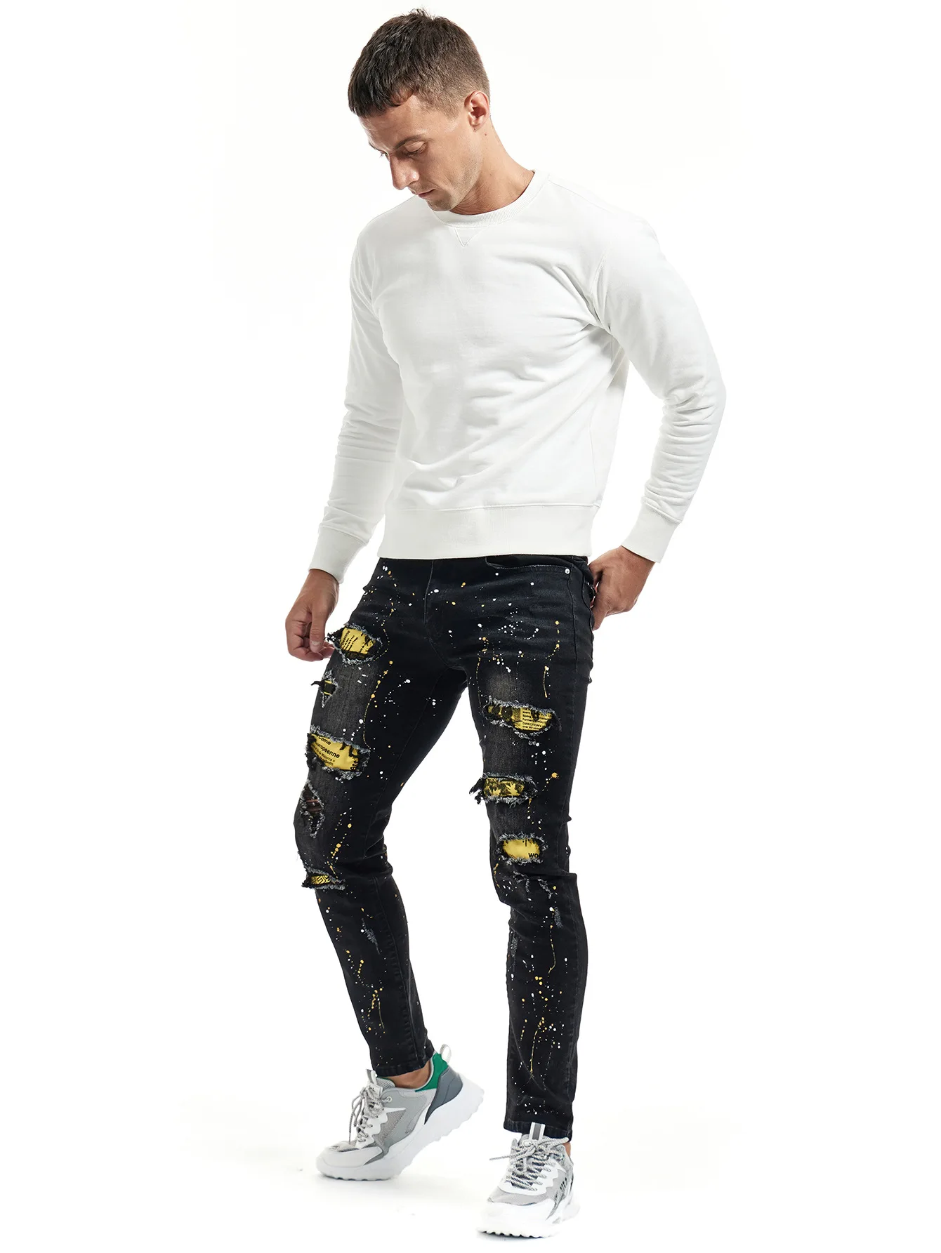Мужские рваные джинсы с вышивкой, зауженные рваные джинсы в байкерском стиле, зауженные рваные джинсы с нашивкой, новинка 2022