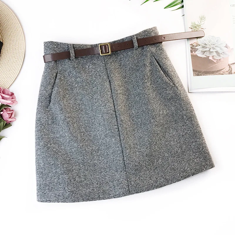 

2022 Fashion Spring New Arrival Vintage Temperament High Waist A-line Office Skirts Women with Belt Woolen Mini Skirt for Female