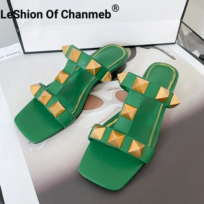 

LeShion Of Chanmeb Women Mule Slippers Genuine Leather Flats Punk Stud Rivet Flat Sandals Shoes Woman Summer Beach Casual Slides