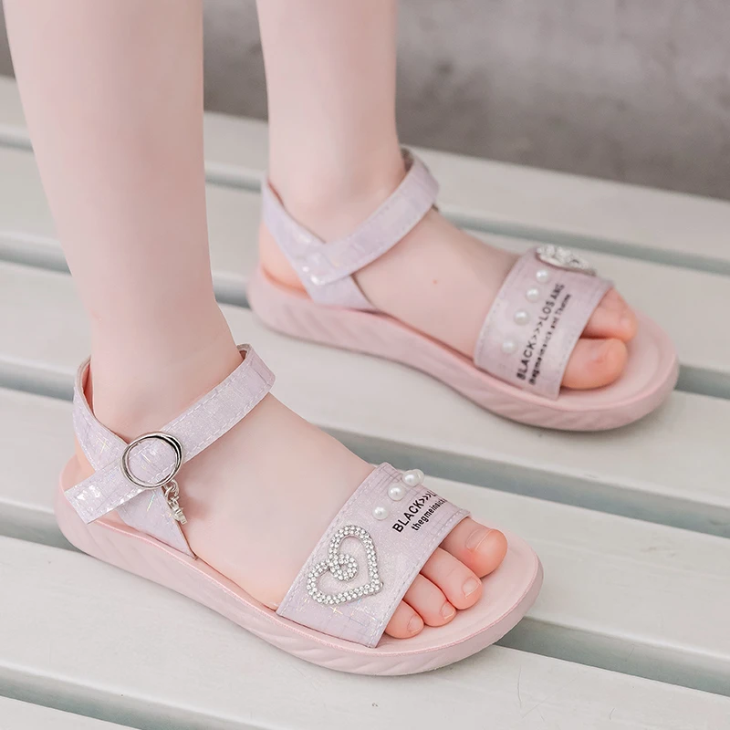 

Children Casual Sandals Girls 2022 Summer Fashion New Kids Pearl Love Beautiful Princess Shoes Rhinestone Flats